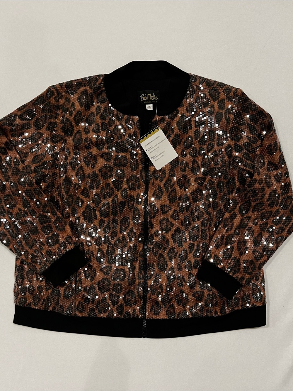 Bob Mackie Leopard Sequin Bomber Jacket - Brown, Black Size 1x NWT